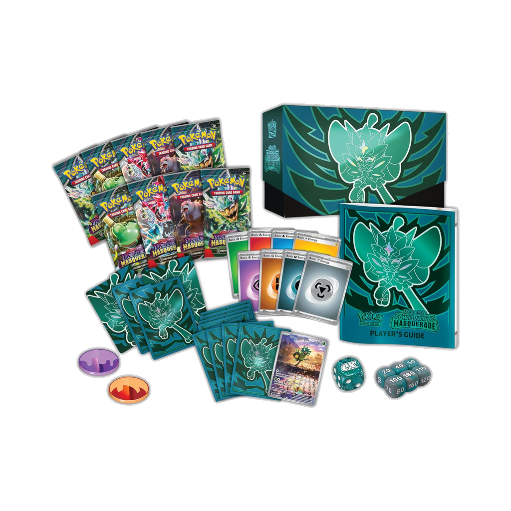 Pokemon Twilight Masquerade - Elite Trainer Box, contents with nine booster packs, sleeves, and accessories