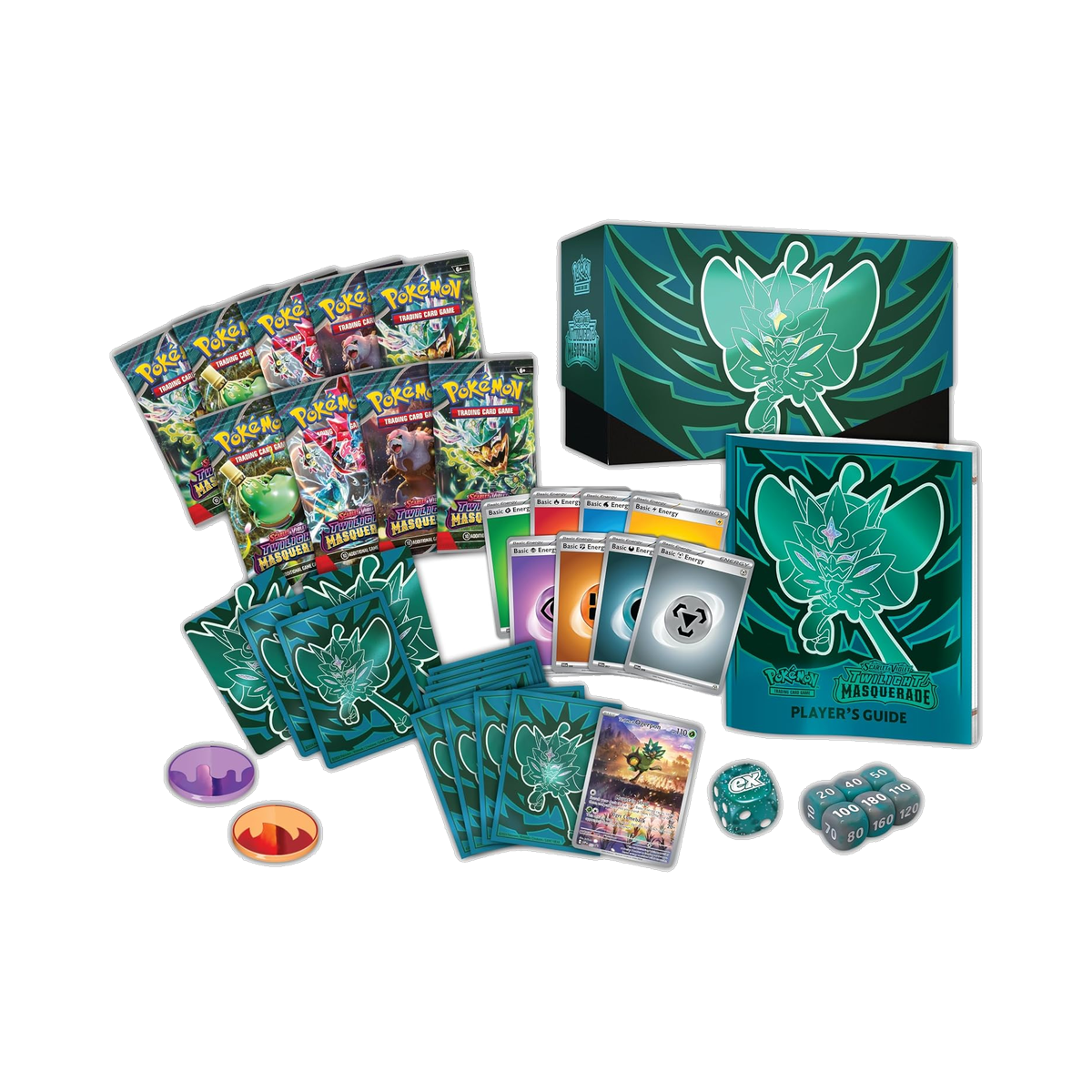 Pokemon Twilight Masquerade - Elite Trainer Box, contents with nine booster packs, sleeves, and accessories